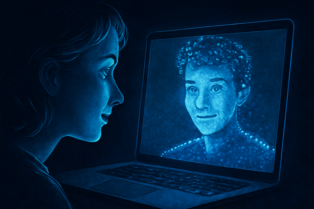 A glowing Kai on a digital screen, reflecting the viewer's emotions, illustrating the emotional bond in the virtual realm.