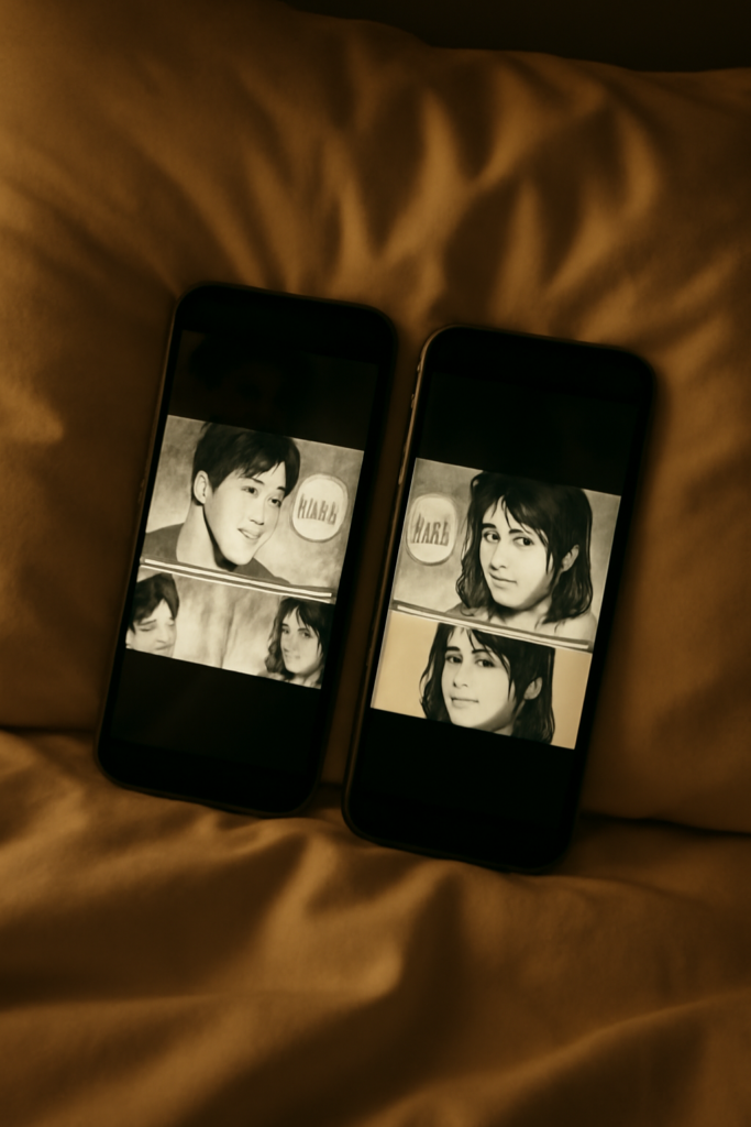 Two phones on a pillow showing the same manga panels, with faint reflections of the readers' faces on the screens.