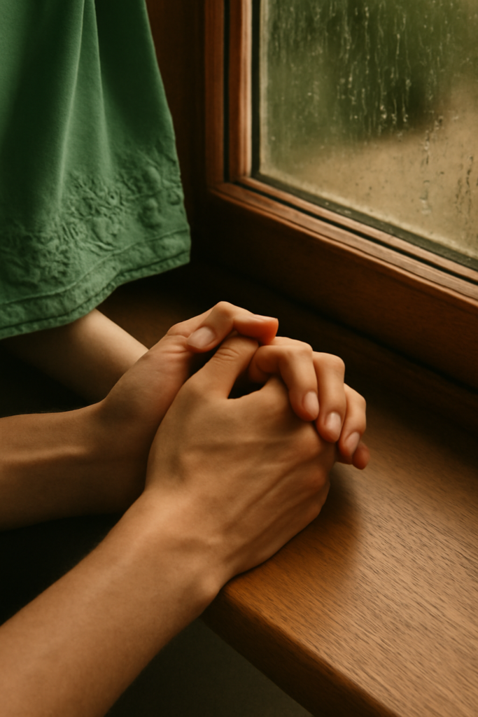 Close-up of intertwined hands on a wooden windowsill, with the hem of a green dress visible and raindrops gently falling outside