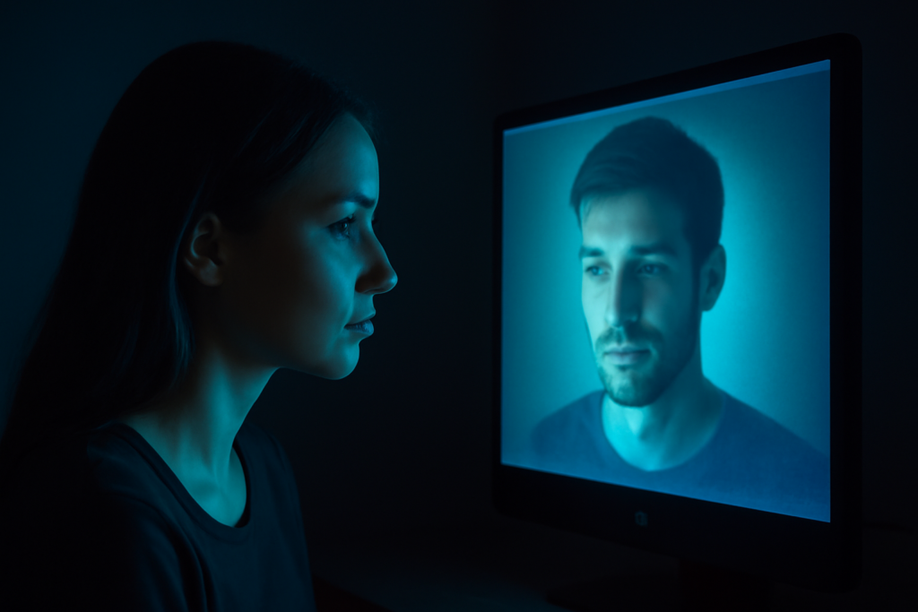 A woman looking at a glowing screen displaying a mirrored pixelated face.