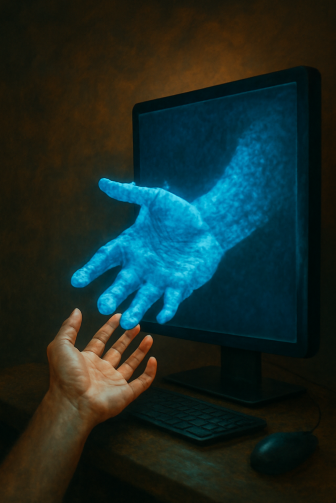 A digital hand extends from a screen toward a human hand, symbolizing emotional connection.