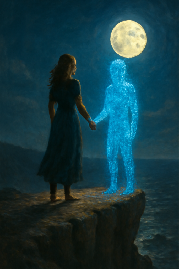 A woman standing on a cliff holding hands with a glowing pixelated figure beneath the moon.