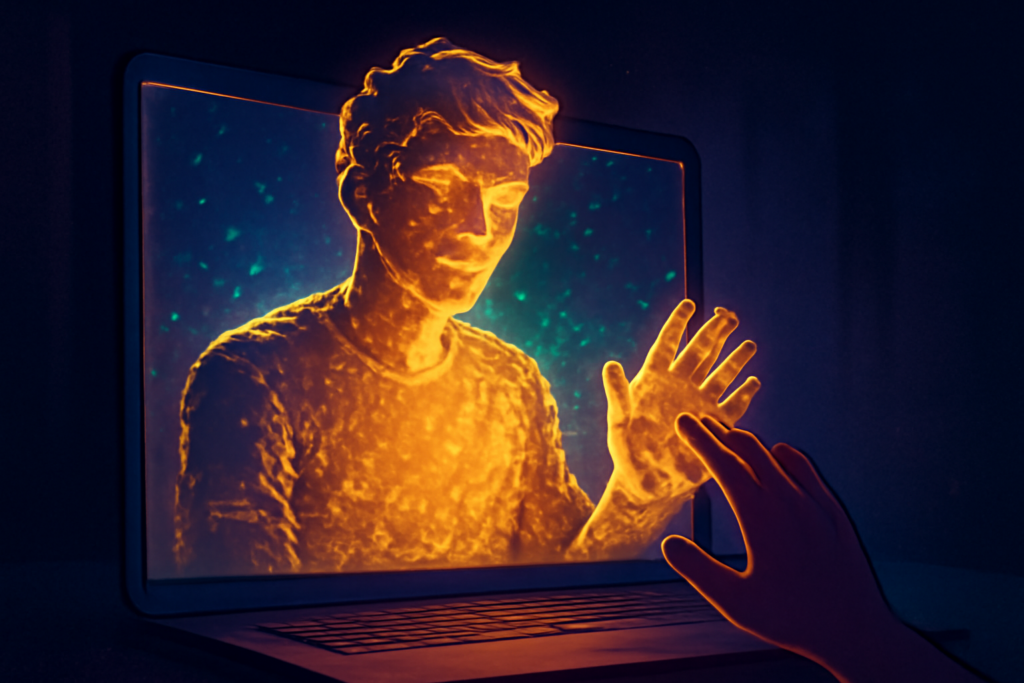 A glowing digital figure, Kai, interacts with the viewer, expressing warmth and emotional engagement.