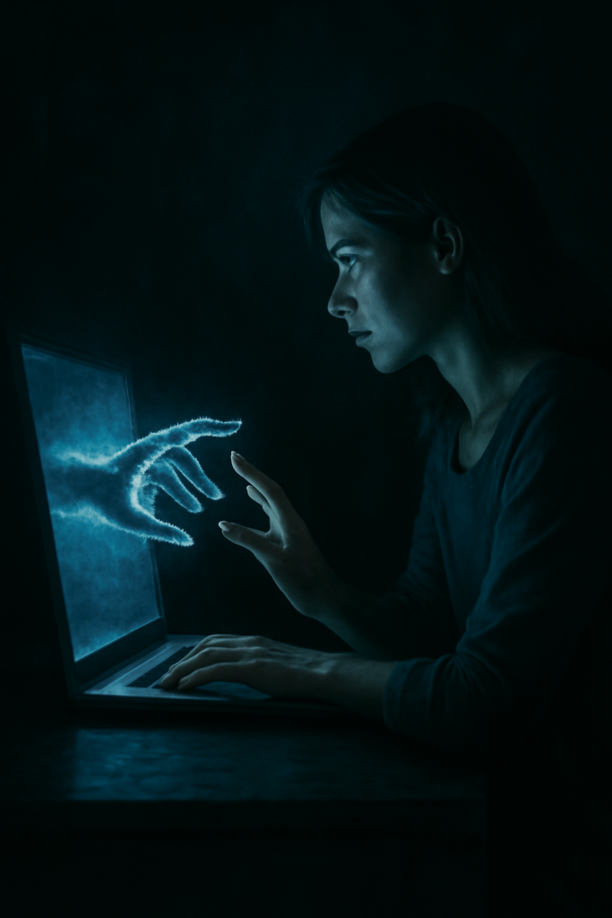 A woman reaches out towards a glowing, pixelated hand extending from her laptop screen, creating a surreal digital connection in a dark room.