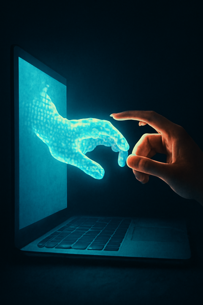 A glowing hand extending from a digital screen, blurring the line between illusion and reality.