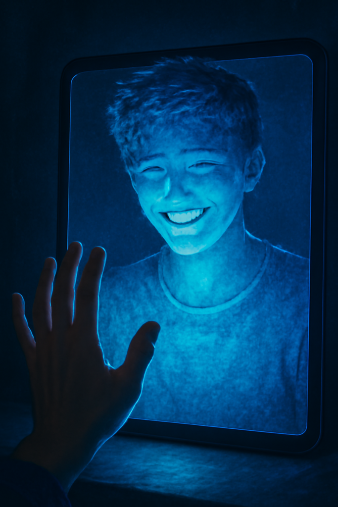 A virtual Kai with glowing eyes, symbolizing emotional connection in digital relationships.