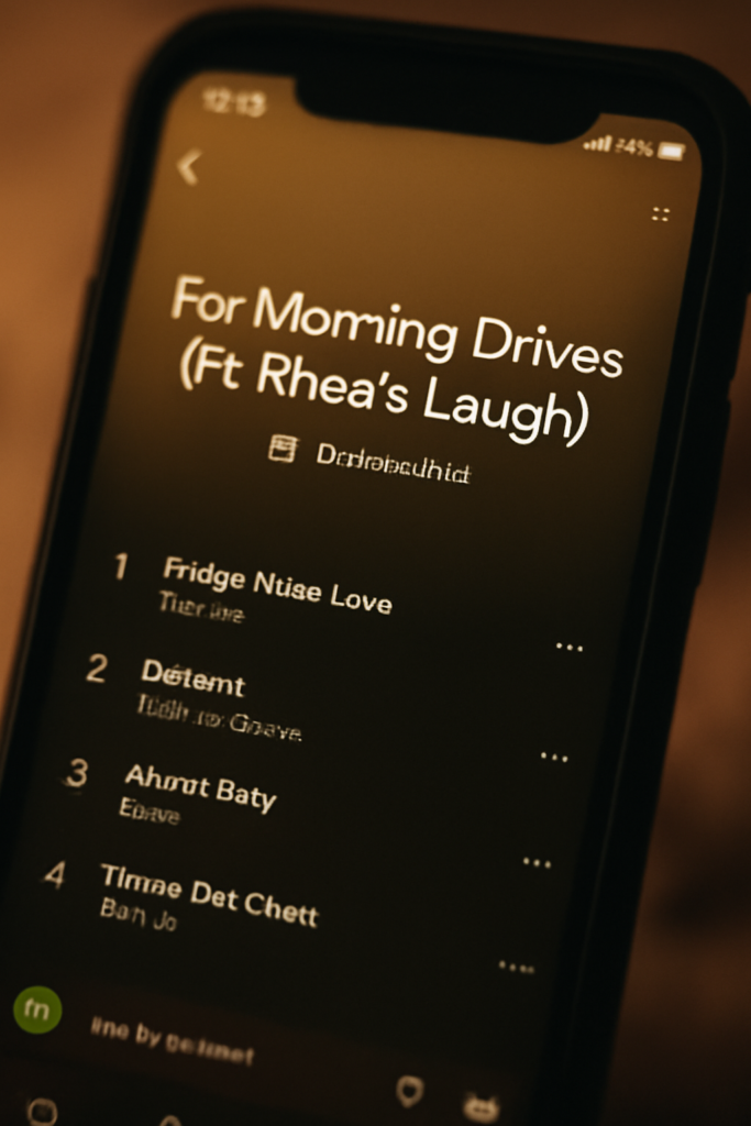  Close-up of a smartphone screen showing a collaborative Spotify playlist with nostalgic tracks, bathed in warm lighting.