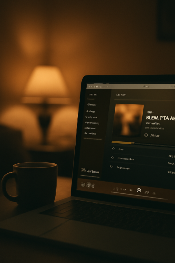 A cozy, dimly lit room with a laptop screen displaying a paused Spotify song and a coffee mug nearby.