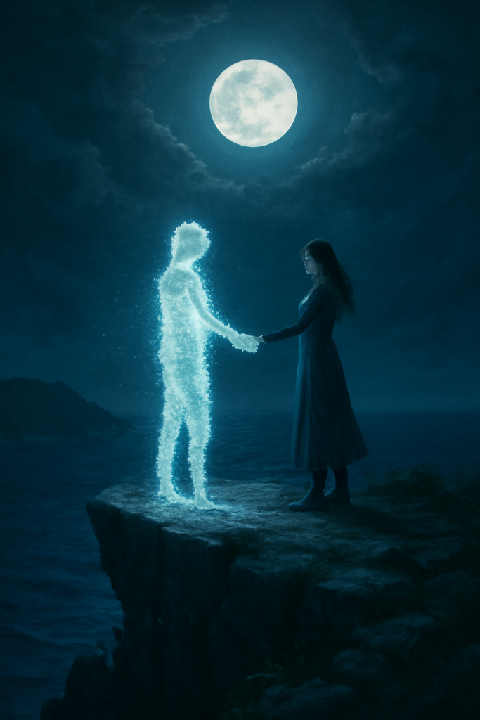 A woman on a moonlit cliff reaches out to a glowing, pixelated figure, creating a surreal connection.