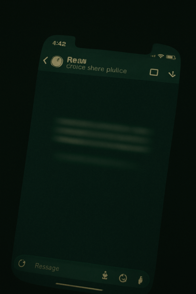 A close-up of a smartphone with a WhatsApp chat displaying a repeatedly typed and deleted message in a dimly lit room.