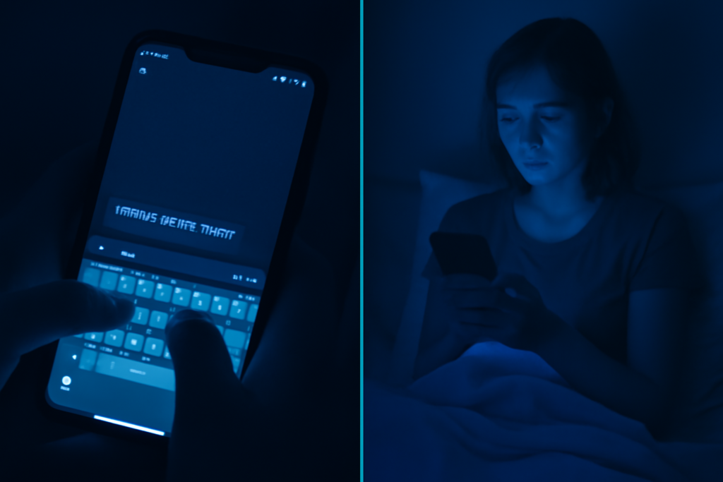 A diptych showing a hand typing on a phone and a person staring at the screen in a dark room with a blue light.