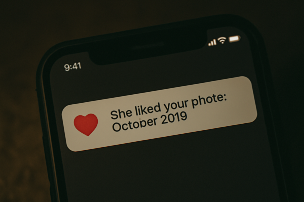 Close-up of a phone screen showing a notification with the message, "She liked your photo: October 2019," in a dark setting.