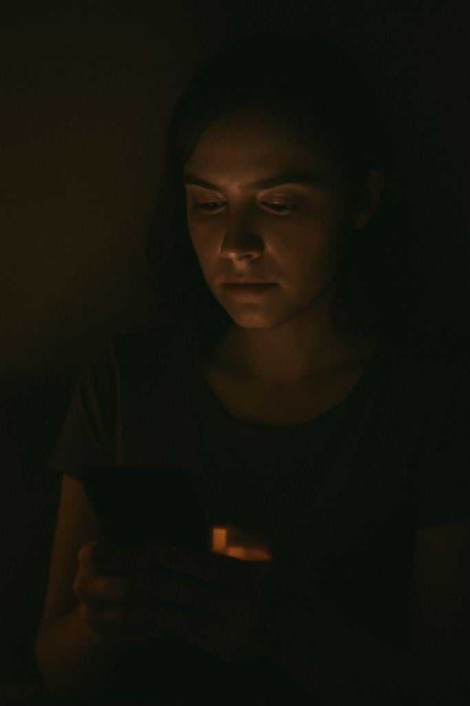 A young woman sitting in a dark room, holding her phone, with the glow of the screen highlighting her thoughtful, emotional expression.
