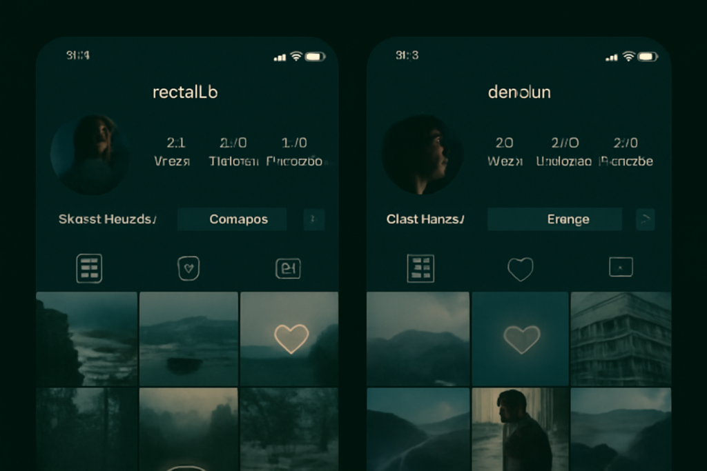 A split-screen showing two Instagram profiles with faint heart icons on old posts, set against a dark background, symbolizing digital reconnection.