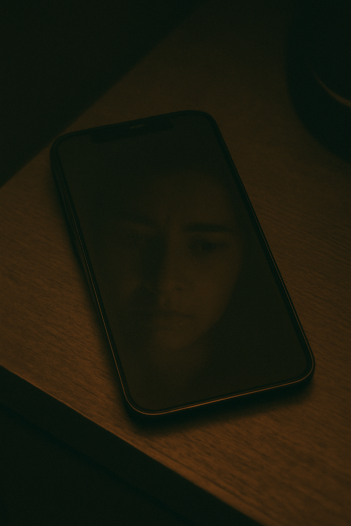 A close-up of a smartphone with a blank screen, showing a faint reflection of a worried face.