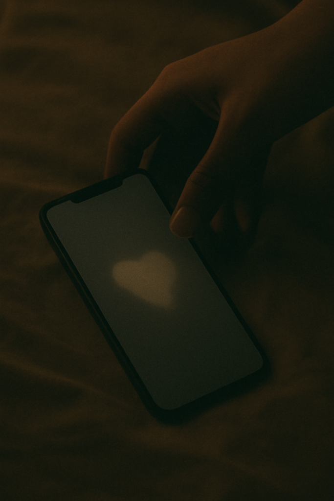 A close-up of a hand placing a phone with a fading heart symbol on the screen onto a bed, evoking the finality of moving on from a virtual relationship.