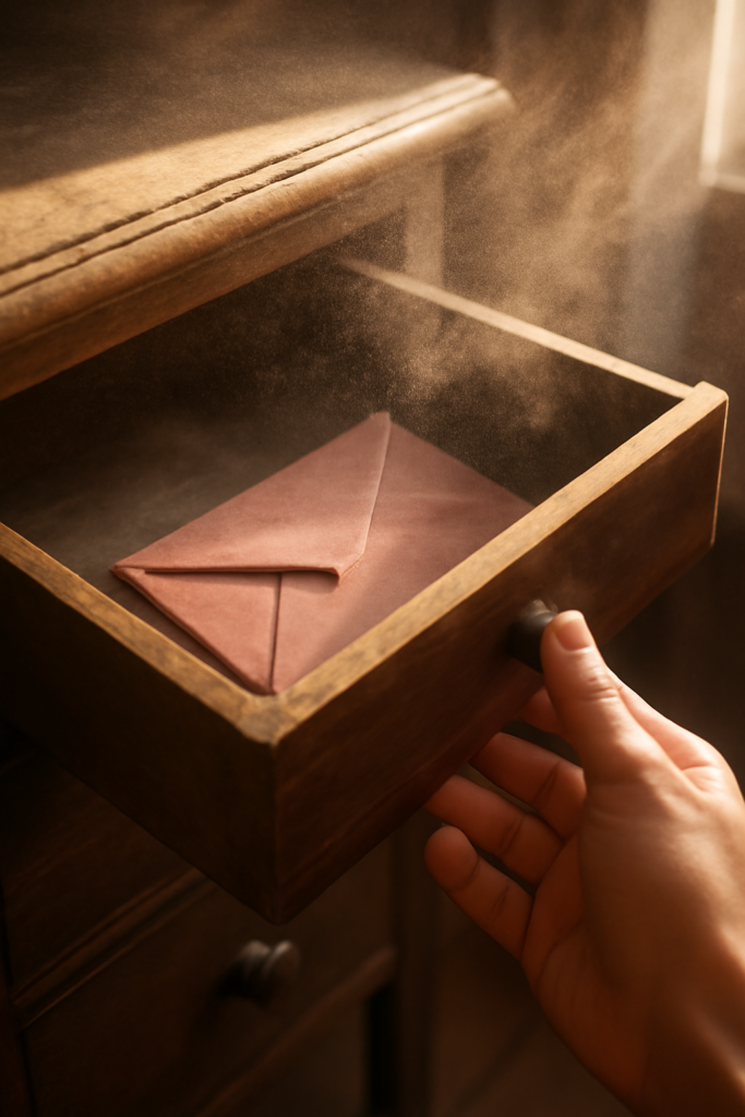 A close-up of a hand opening a wooden drawer with a pink envelope inside, surrounded by soft swirling dust in the golden afternoon light.