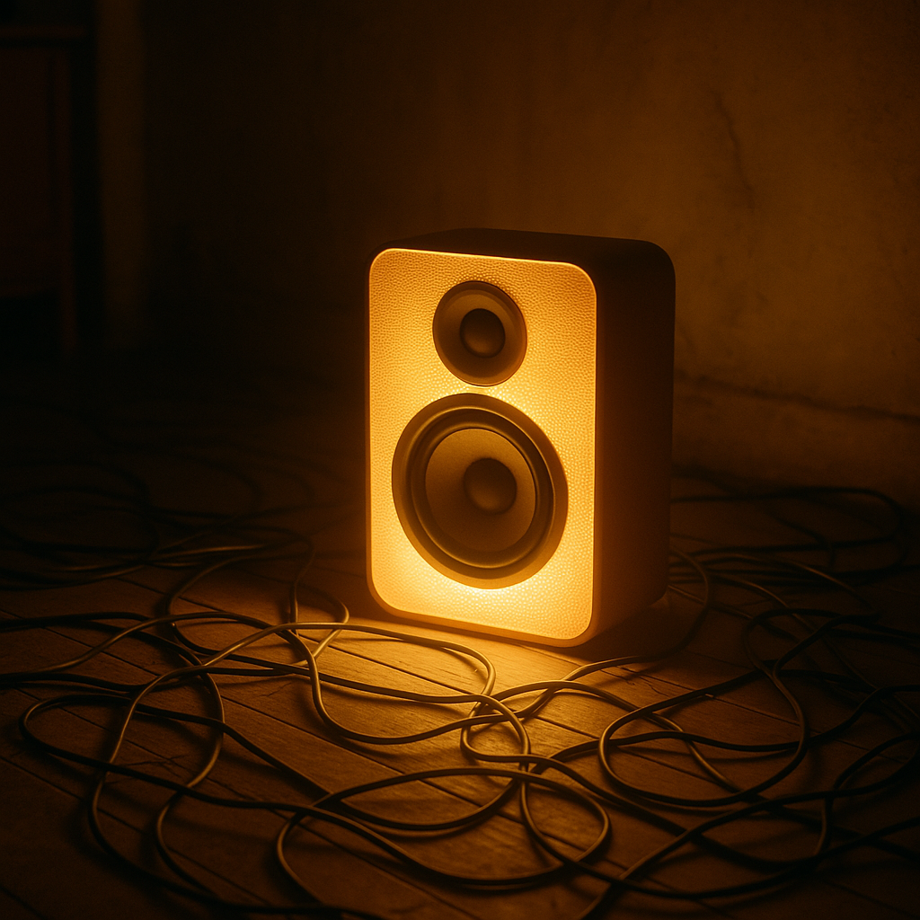 A glowing speaker on the floor of a dimly lit room with tangled cables and a warm yellow glow, evoking the rediscovery of forgotten memories.