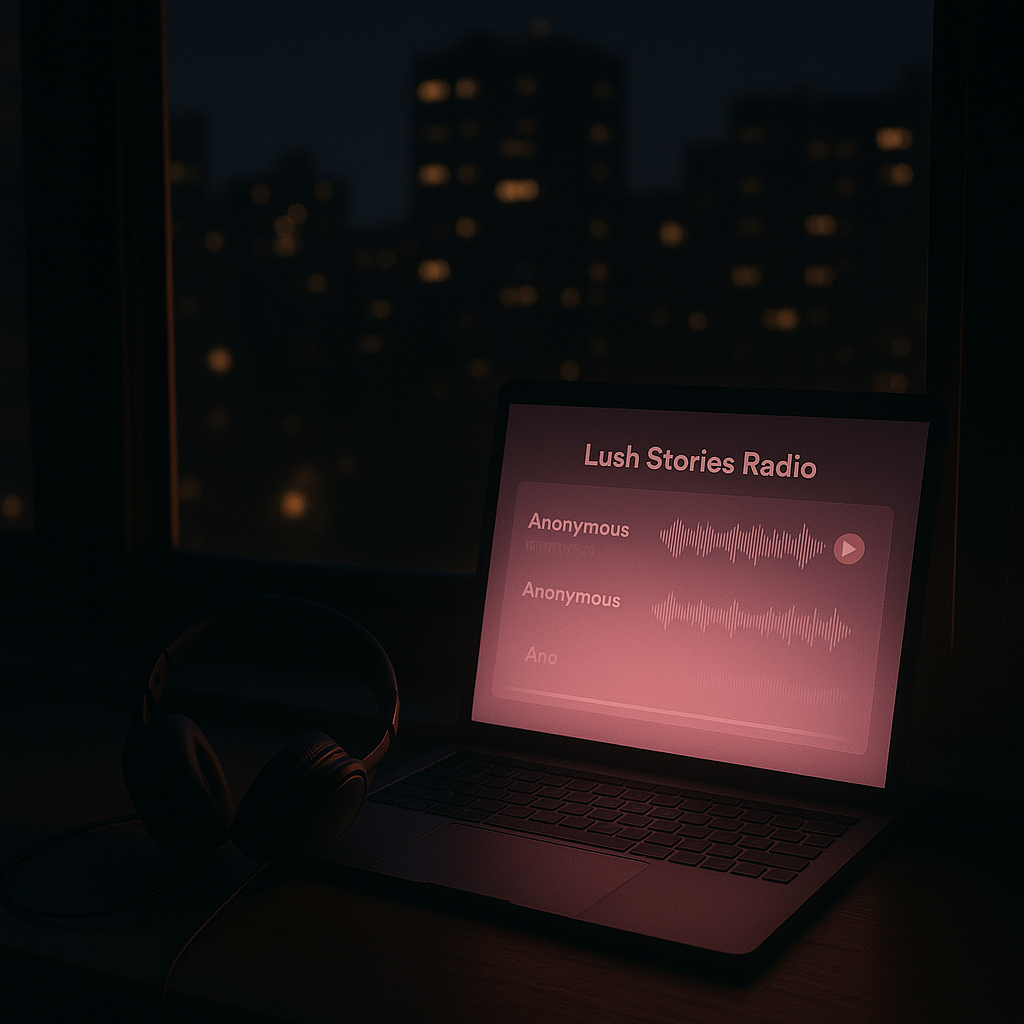 A nighttime city window with headphones resting beside a flickering screen, as Lush Stories Radio glows faintly and a lone track plays in the stillness.