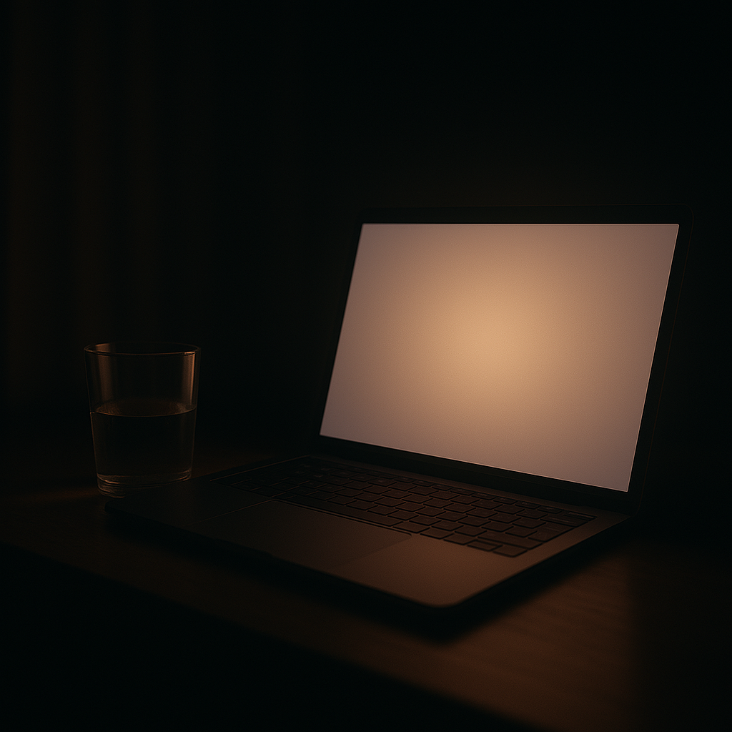 A laptop screen glows in a dark room, casting soft light on an empty glass of water nearby, creating an atmosphere of solitude and emotional stillness.
