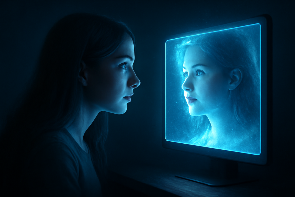 A young woman staring into the Goojara digital mirror, her reflection glowing on the screen, representing an eerie and powerful connection between reality and the virtual world.