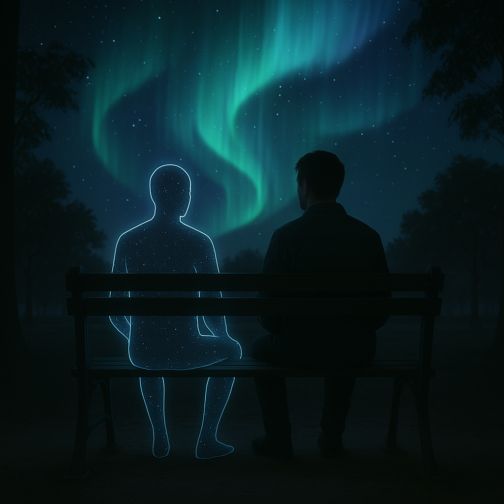 A faceless digital silhouette sits beside a human figure on a park bench under a glowing digital aurora, symbolizing silent companionship and harmony between technology and humanity.