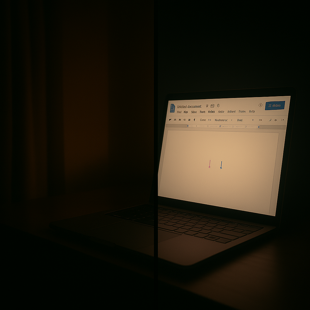 A split-screen image showing a dimly lit room and a glowing laptop with a shared Google Doc open, where two cursors blink side by side, symbolizing silent collaboration and emotional presence across distance.