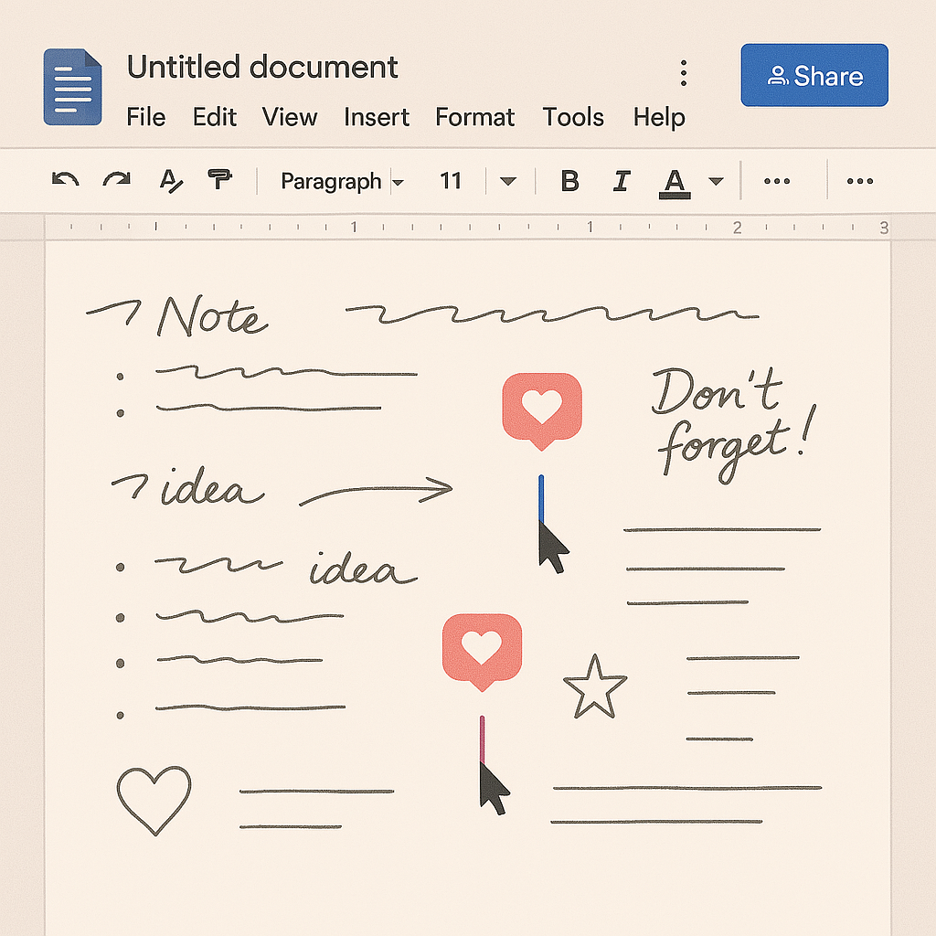 A stylized digital document featuring scattered handwritten notes, whimsical doodles, two blinking cursors, and floating love icons, symbolizing playful collaboration and affection shared through a shared creative space.
If you’re shaping this into a visual series or narrative arc, I’d love to help you build that continuity. Want to explore a cover image or a unifying theme line next?