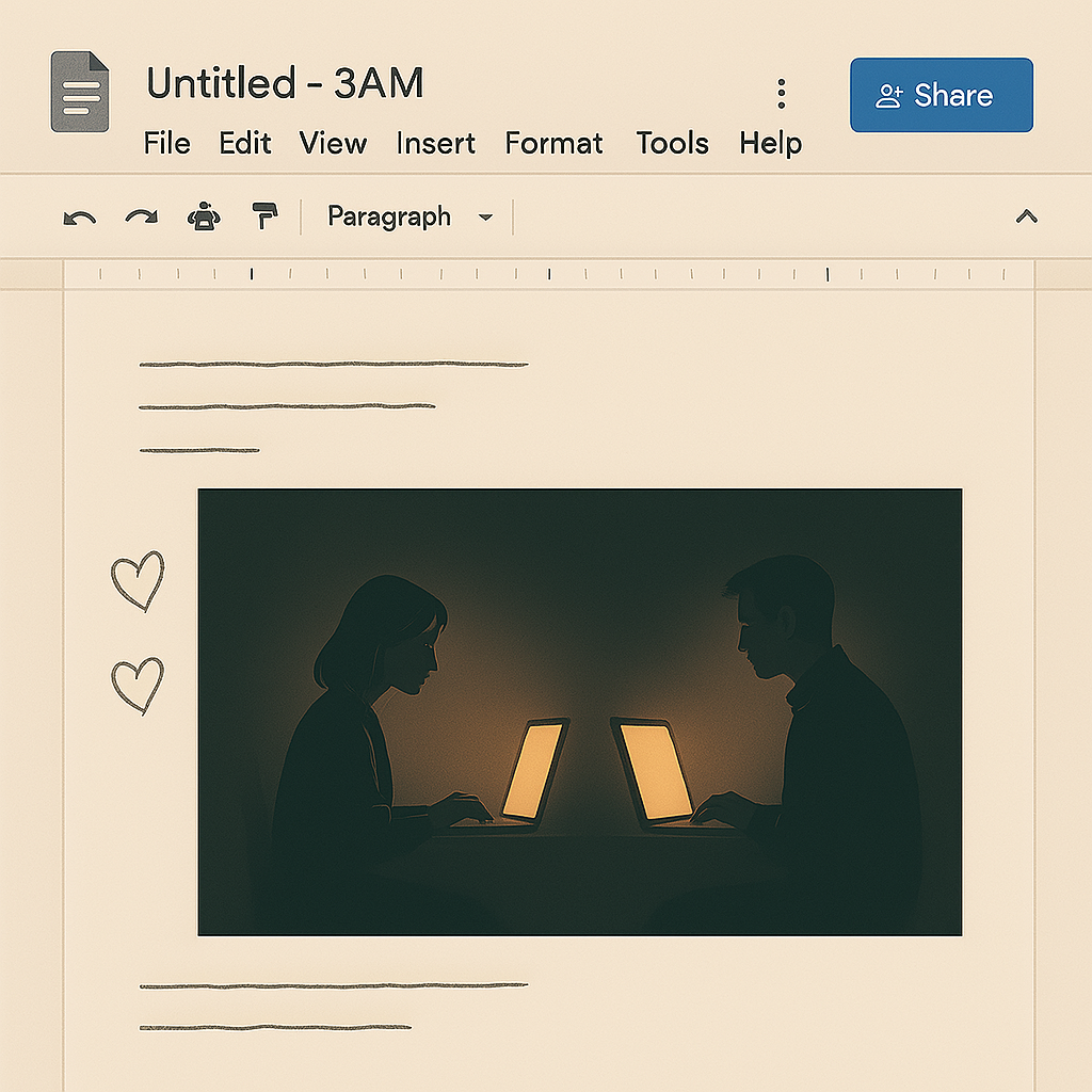 A digital document titled "Untitled – 3AM" glows softly on screen, as two people sit apart, each lit by their screens, with hand-drawn hearts in the document’s margins, evoking quiet connection in the stillness of night.
