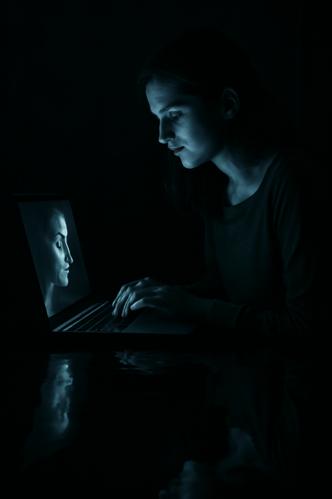 A woman with light skin gazes at her own reflection on a laptop screen in a dimly lit room.
