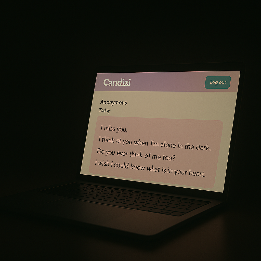 A laptop screen glows softly in the dark, displaying a pastel-toned Candizi journal entry filled with anonymous longing, evoking quiet introspection and emotional vulnerability.