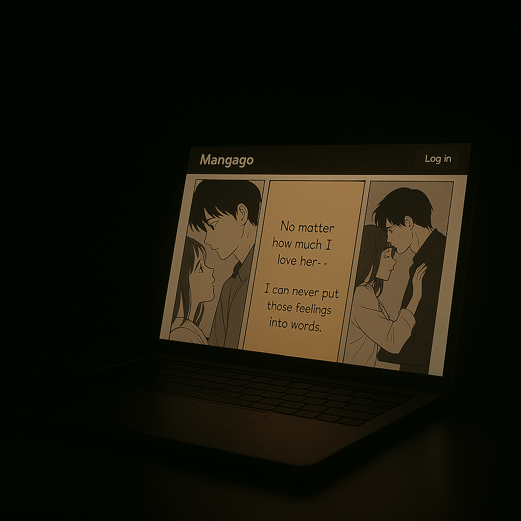 A softly lit laptop screen in the dark displays a romantic manga page from Mangago, with one highlighted panel capturing the emotion of unspoken love.