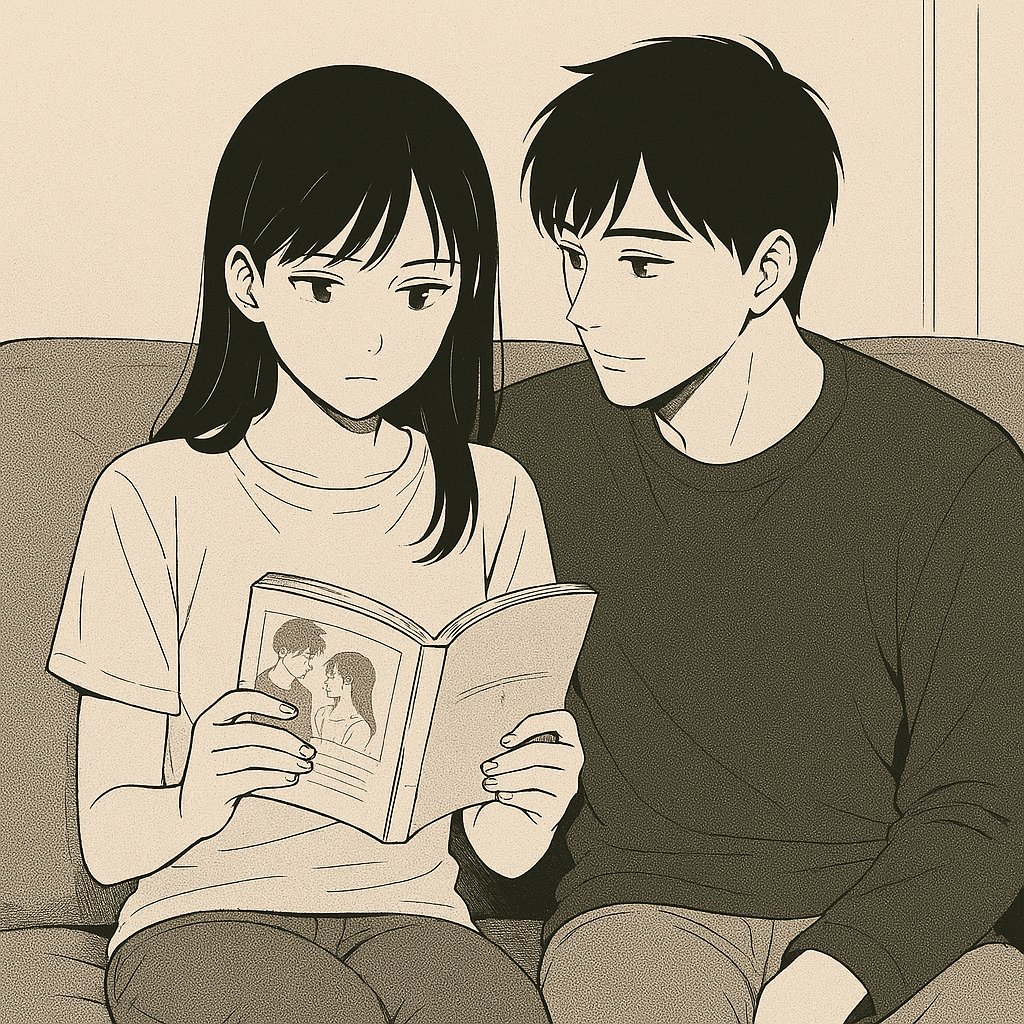 A fictional couple sits together on a couch reading manga, with one person subtly watching the other instead of the manga, capturing a tender moment of silent affection.
If you’re building toward a narrative theme across these, I’d love to help shape how it all ties together—titles, transitions, even a final post wrap. Just say the word.