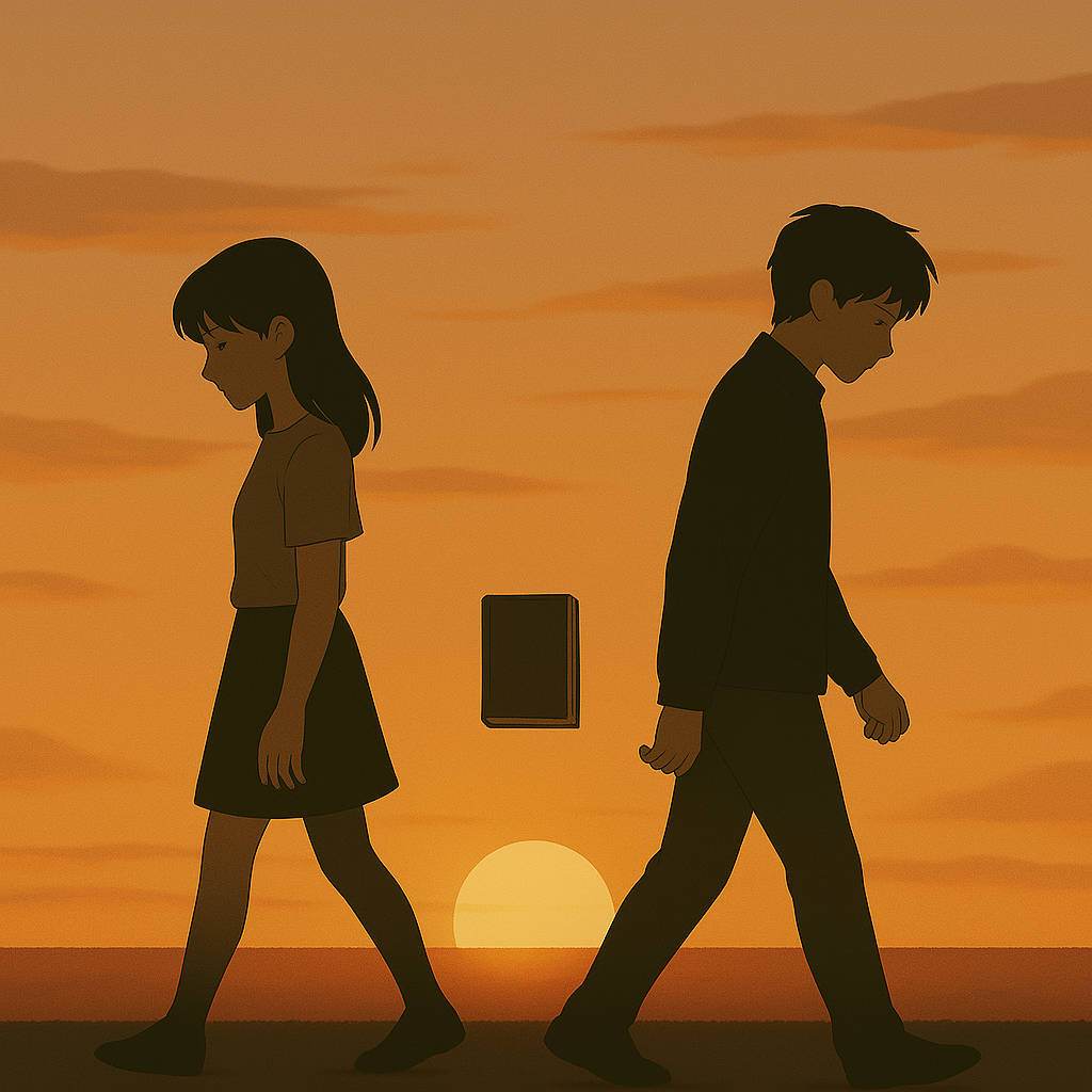 Two silhouetted figures walk away from each other against a sunrise, with a closed manga book placed between them on the ground, symbolizing the quiet end of a shared connection.