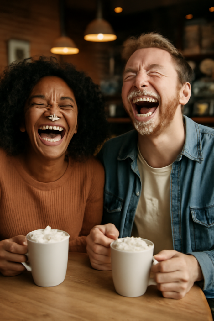 Two friends laughing with whipped cream on their faces clicking goofy ahh pictures