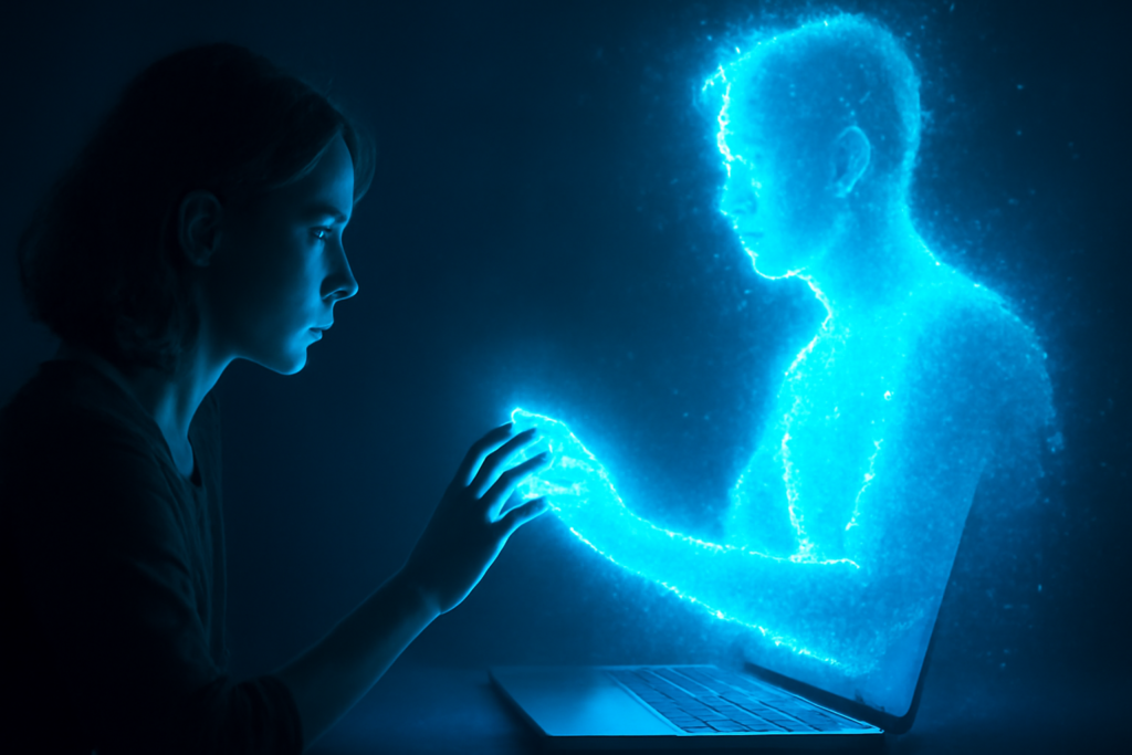 A glowing, pixelated figure of Kai reaches out from a digital screen, representing a powerful connection with the viewer.