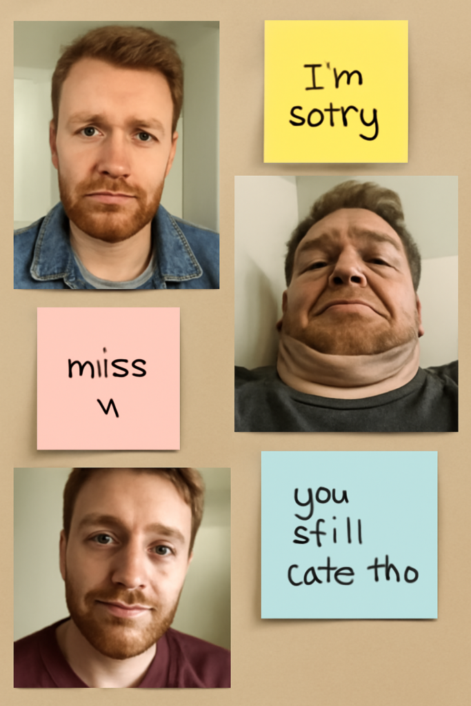 A collage of four goofy ahh pictures with handwritten sticky notes that say I'm sorry, miss u, and you still cute tho.