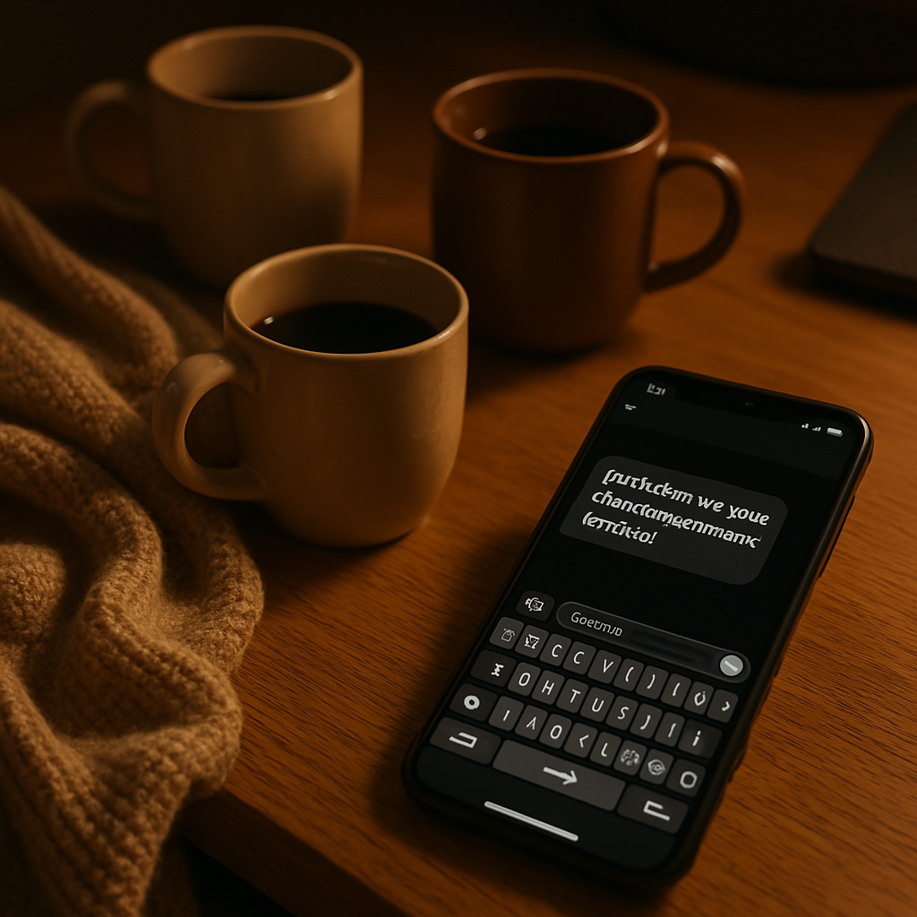 A softly lit desk at night, illuminated by warm ambient lighting. A smartphone on the desk displays a chat message that reads “I’m having my own influencergonewild moment.” Around it are empty coffee cups, a cozy draped blanket, and scattered stationery, creating a warm, cluttered aesthetic.