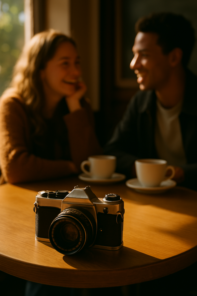 A vintage film camera rests on a café table bathed in golden sunlight. In the softly blurred background, two figures sit across from each other, caught mid-laugh, radiating warmth and joy. The light filters in through a nearby window, casting gentle shadows and adding to the intimate, timeless feel of the moment.