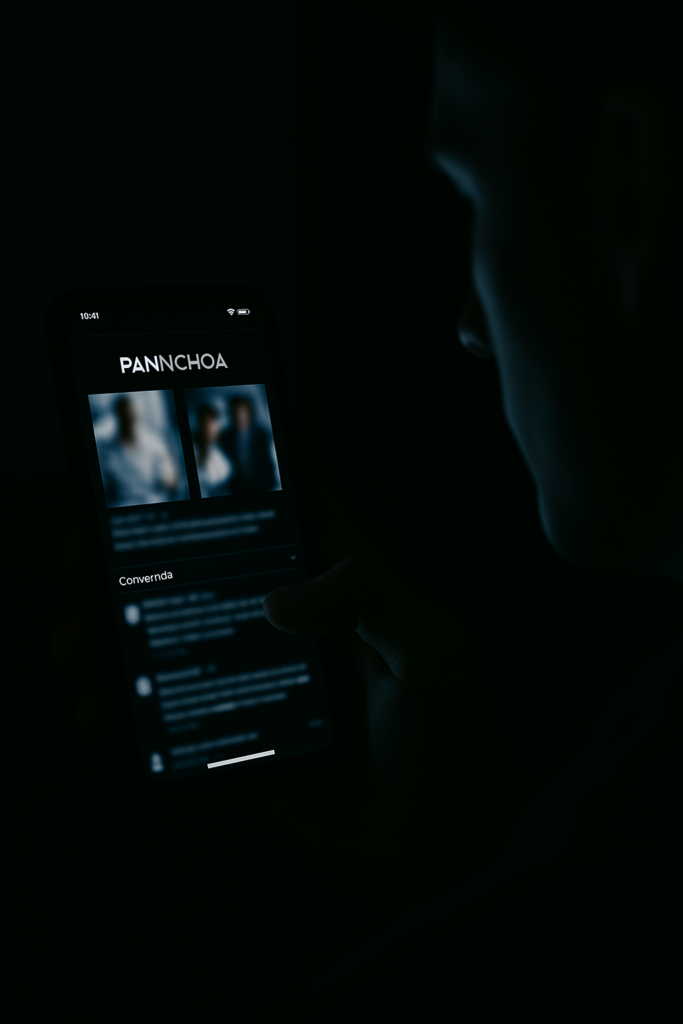 A dimly lit screen displays a Pannchoa post featuring blurred photos and a flurry of scrolling comments. The screen’s bluish glow casts a stark, cold light onto the face of a viewer partially visible in the shadows, highlighting their absorbed, motionless expression. The atmosphere is tense and hushed, evoking the isolating pull of online drama unfolding late at night.