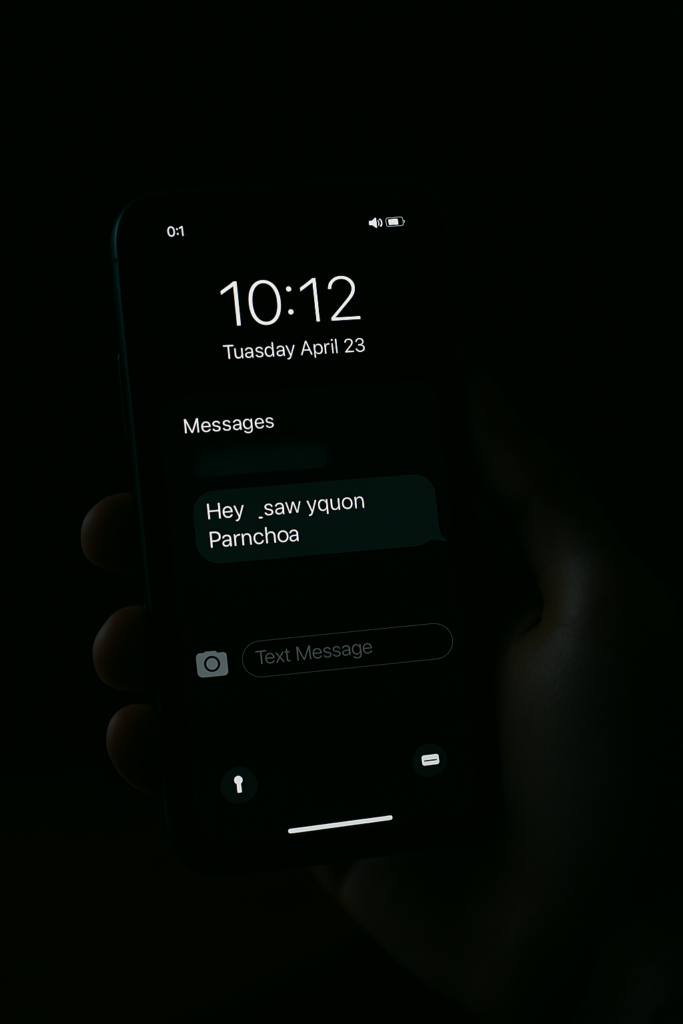 A smartphone lock screen glows softly in the dark, displaying a draft message that reads “Hey… saw you on Pannchoa,” left unsent. The contact name at the top is artfully blurred. The composition highlights the quiet tension of indecision, with ambient shadows suggesting it’s late at night. The scene captures the stillness and vulnerability of holding back a message that may never be sent.