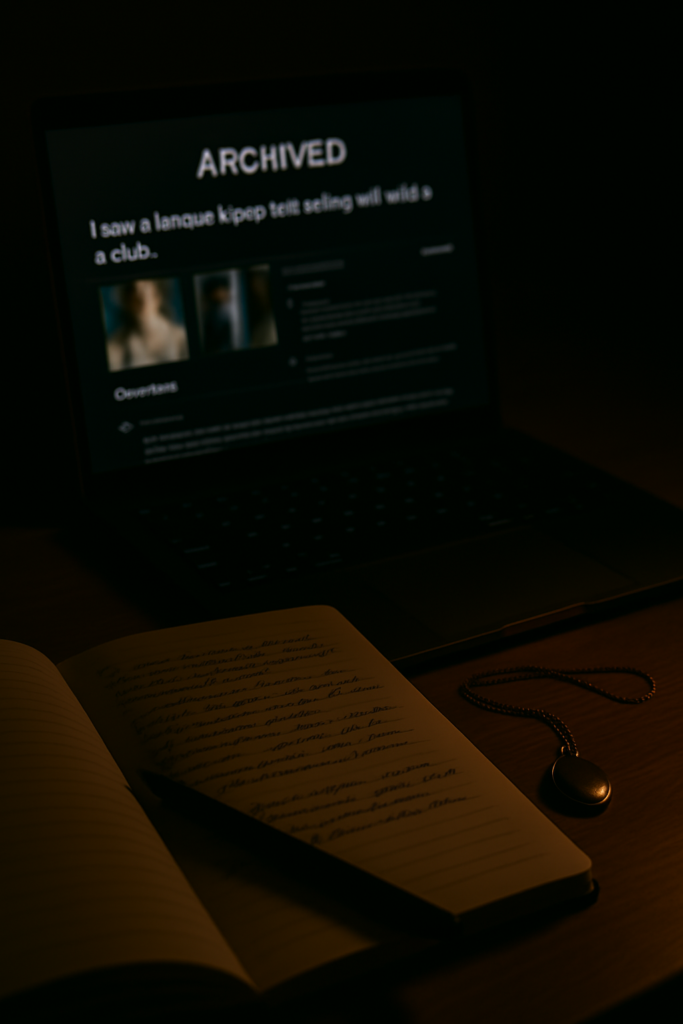 A quiet nighttime scene shows a laptop open on an archived gossip thread, casting a gentle light across a desk. Beside it sit handwritten notes—some crumpled, some neat—and an old, slightly tarnished locket. The warm screen glow contrasts with the cool, shadowy surroundings, evoking a sense of reflection, mystery, and emotional weight. The setup suggests a personal dive into past drama, memory, or sentimentality.
