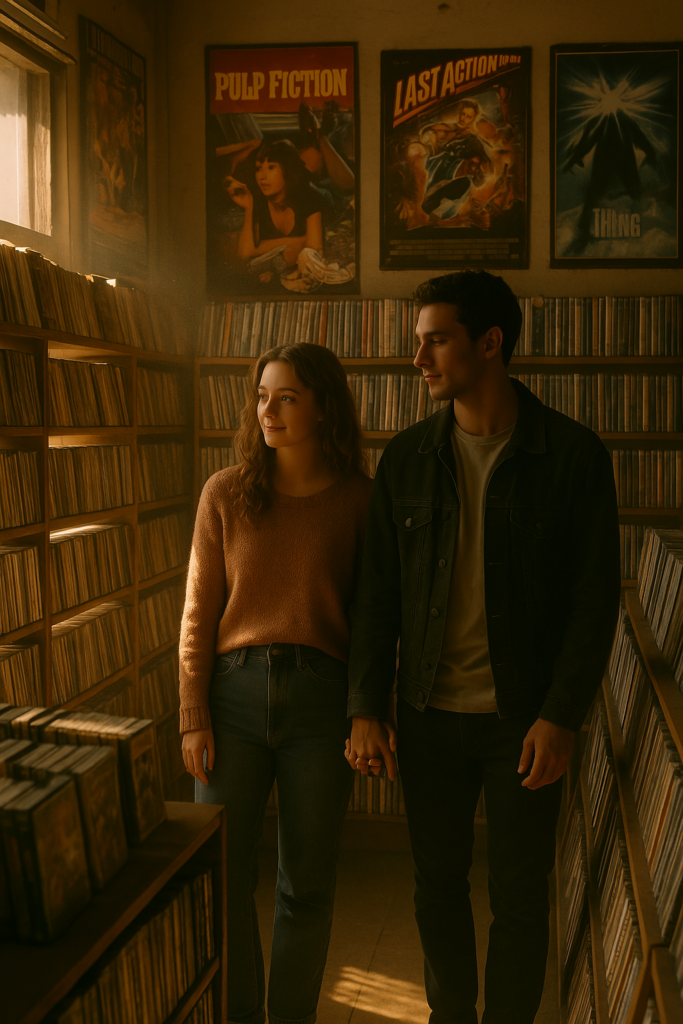 A sunlit DVD store with creaky wooden shelves, vintage posters, and a couple holding hands while browsing faded cinecalidad discs.