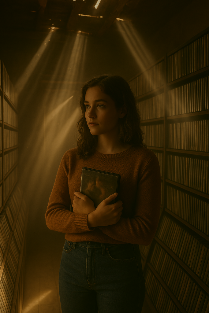 A girl stands alone in a dim cinecalidad DVD store aisle, clutching a DVD close to her chest. Soft beams of sunlight filter through cracks in the roof, illuminating dust particles in the air. Her face is partially lit, evoking a sense of nostalgia and introspection amid the fading relics of the past.