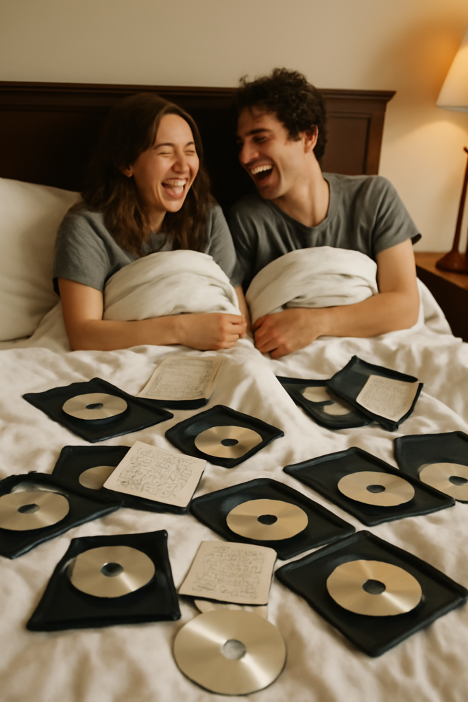 Alt Text: A light-skinned couple sharing a laugh in a hotel room, sitting under a duvet with cinecalidad DVDs and handwritten notes scattered across the bed.